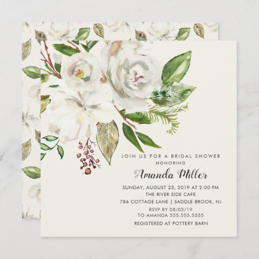 ホワイトエレガントフローラブライダルシャワーの招待 招待状 (正面/裏面)