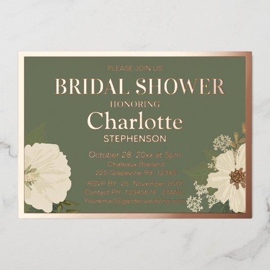 ホワイトエレガントフローラ開花ブライダルシャワーグリーン 箔招待状 (正面)