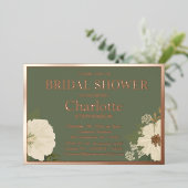 ホワイトエレガントフローラ開花ブライダルシャワーグリーン 箔招待状 (立ち正面)
