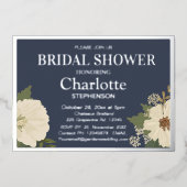 ホワイトエレガントフローラ開花ブライダルシャワーネイビー 箔招待状 (正面)