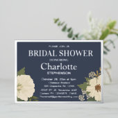 ホワイトエレガントフローラ開花ブライダルシャワーネイビー 箔招待状 (立ち正面)