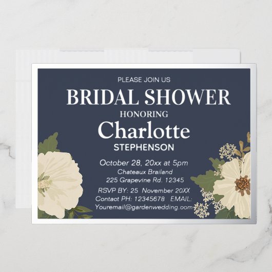 ホワイトエレガントフローラ開花ブライダルシャワーネイビー 箔招待状 (封筒)