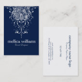 ホワイトエレガントペイズリーレースネイビーブルー背景 名刺 (正面/裏面)
