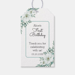 ホワイトエレガントマグノリアグリーンリーフローラ1st誕生日 ギフトタグ