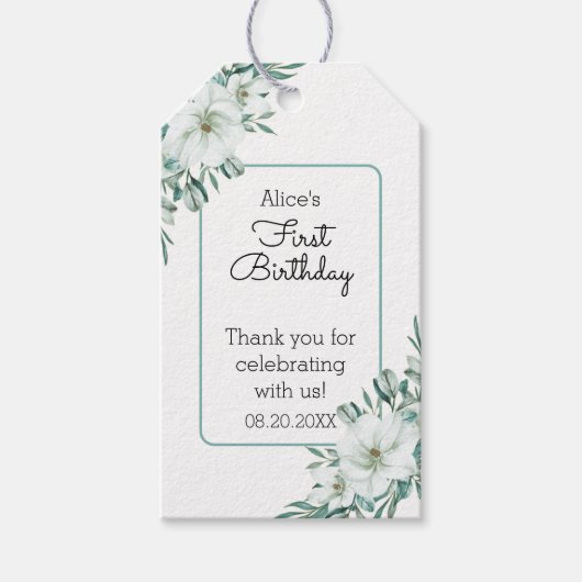 ホワイトエレガントマグノリアグリーンリーフローラ1st誕生日 ギフトタグ (正面)