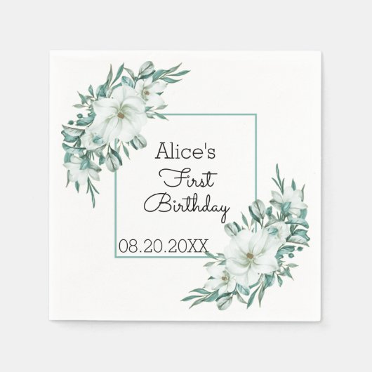 ホワイトエレガントマグノリアグリーンリーフローラ1st誕生日 スタンダードカクテルナプキン (正面)