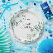 ホワイトエレガントマグノリアグリーンリーフローラ1st誕生日 ペーパープレート (パーティー)