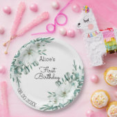 ホワイトエレガントマグノリアグリーンリーフローラ1st誕生日 ペーパープレート (パーティー)