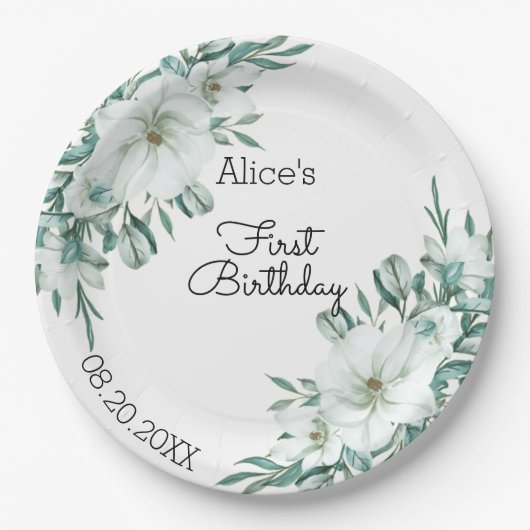 ホワイトエレガントマグノリアグリーンリーフローラ1st誕生日 ペーパープレート (正面)