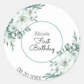ホワイトエレガントマグノリアグリーンリーフローラ1st誕生日 ラウンドシール (正面)