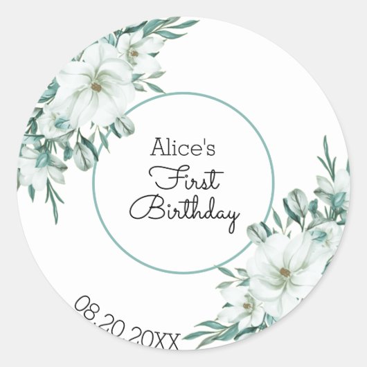 ホワイトエレガントマグノリアグリーンリーフローラ1st誕生日 ラウンドシール (正面)