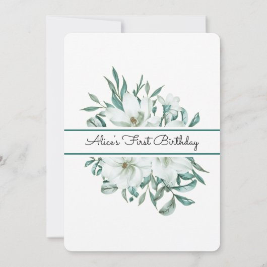 ホワイトエレガントマグノリアグリーンリーフローラ1st誕生日 招待状 (裏面)