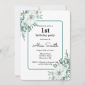 ホワイトエレガントマグノリアグリーンリーフローラ1st誕生日 招待状 (正面)