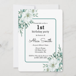 ホワイトエレガントマグノリアグリーンリーフローラ1st誕生日 招待状