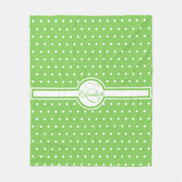 ホワイトエレガント水玉模様オングリーンモノグラム フリースブランケット