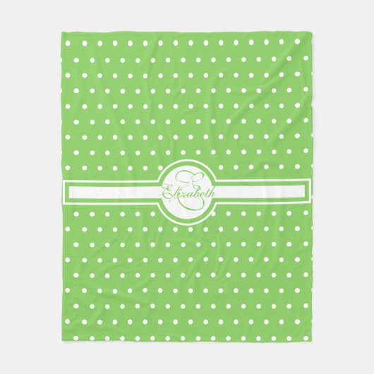 ホワイトエレガント水玉模様オングリーンモノグラム フリースブランケット (正面)