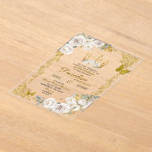 ホワイトエレガント金ゴールドアイボリークラウンキンセアニェラ アクリル招待状 (レイダウン)