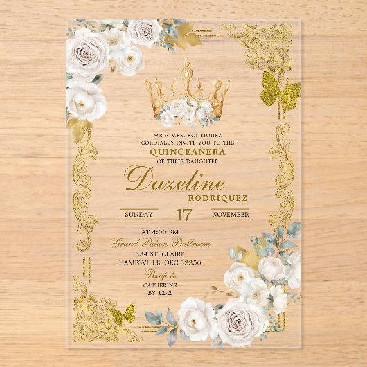 ホワイトエレガント金ゴールドアイボリークラウンキンセアニェラ アクリル招待状 (正面)