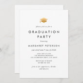 ホワイトエレガント金ゴールドグラードキャップシック卒業パーティー 招待状 (正面/裏面)