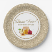 ホワイトエレガント金ゴールドグリッターユダヤ人ロシュハシャナ ペーパープレート (正面)