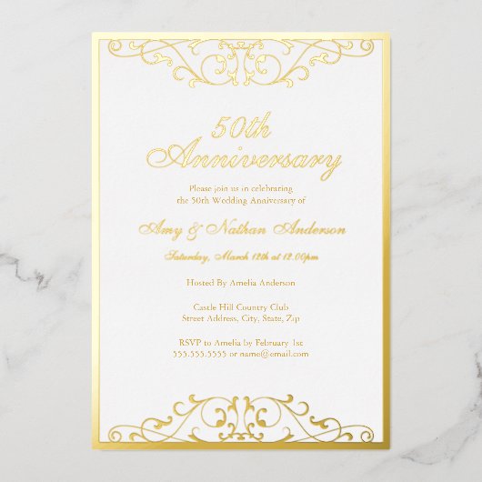 ホワイトエレガント金ゴールドスワール50結婚周年 箔招待状 (正面)