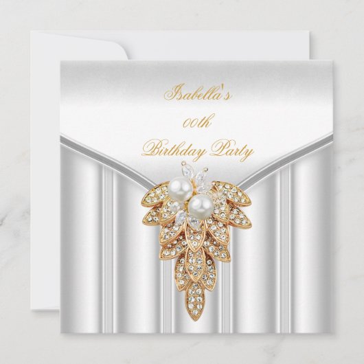 ホワイトエレガント金ゴールドパールバースデーパーティー 招待状 (正面)