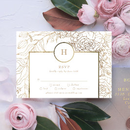 ホワイトエレガント金ゴールドモノグラムリースウェディングRSVP Ca 出欠カード