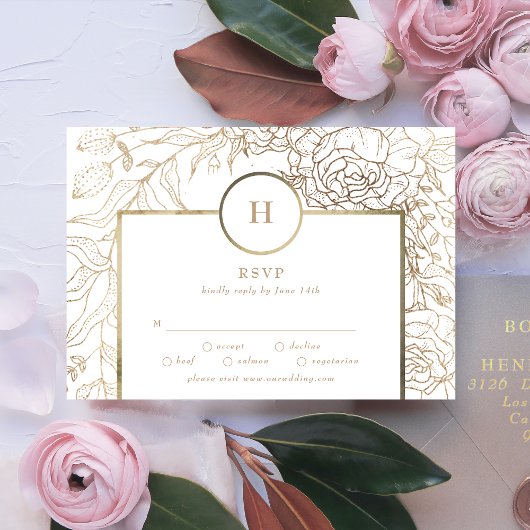 ホワイトエレガント金ゴールドモノグラムリースウェディングRSVP Ca 出欠カード