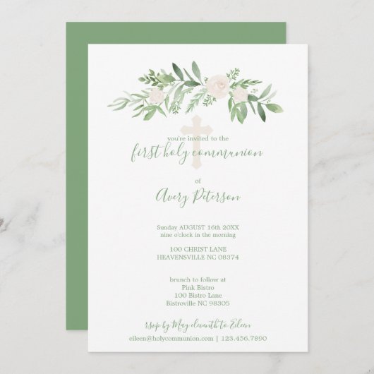 ホワイトエレガント&グリーンバラ第1回聖餐会 招待状 (正面/裏面)