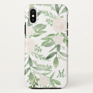 ホワイトエレガント&グリーンフローラモノグラム iPhone XSケース
