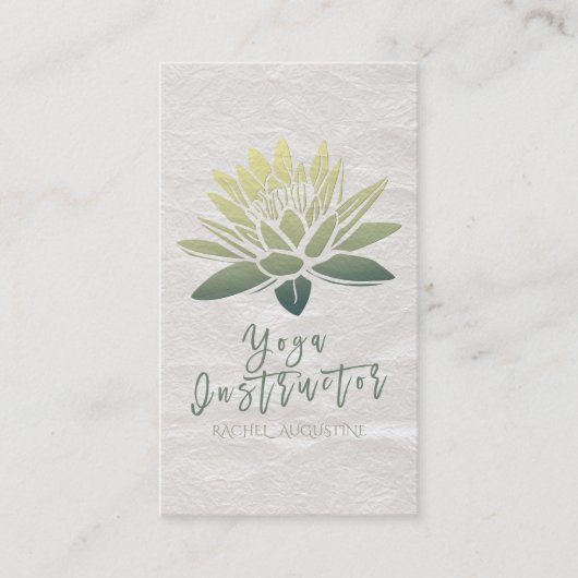 ホワイトエレガント&グリーンロータスヨガインストラクタースクリプト 名刺 (正面)