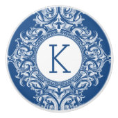 ホワイトエレガント&ネイビーブルーフローラオーナメント セラミックノブ (正面)