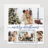 ホワイトエレガント&ネービー4フォトコラージュクリスマス シーズンカード (正面/裏面)