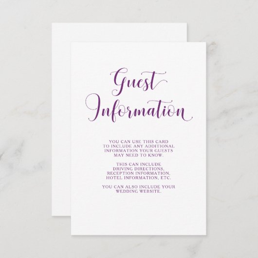 ホワイトエレガント&パープルタイポグラフィゲスト詳細 エンクロージャーカード (正面/裏面)