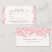 ホワイトエレガント&ピンクペイズリーレースアポイントメントカード 予約カード (正面/裏面)