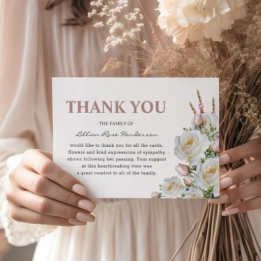 ホワイトエレガント&ピンクローズ |葬儀 サンキューカード