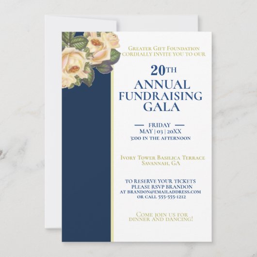 ホワイトエレガント&ブルー王室の年間資金調達者ガラ 招待状 (正面)