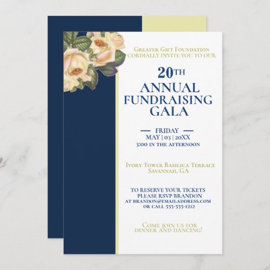 ホワイトエレガント&ブルー王室の年間資金調達者ガラ 招待状 (正面/裏面)