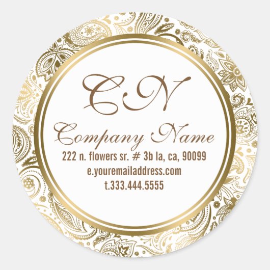 ホワイトエレガント&金ゴールドフローラレースペイズリーパターン2 ラウンドシール (正面)