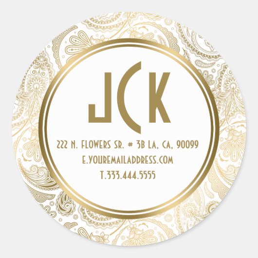 ホワイトエレガント&金ゴールドフローラレースペイズリーパターン ラウンドシール (正面)