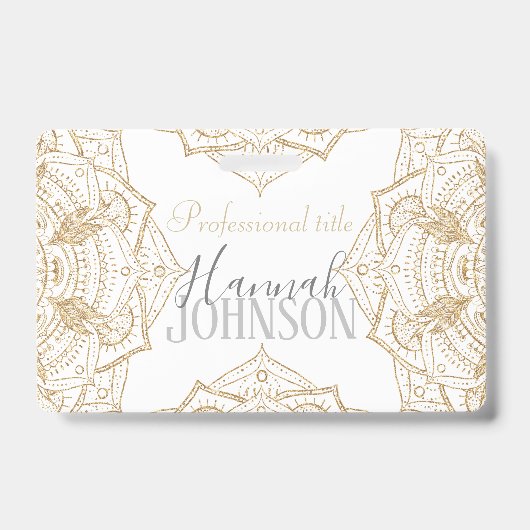 ホワイトエレガント&金ゴールドマンダラハンドドローデザイン バッジ (Front)