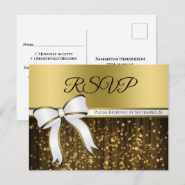 ホワイトエレガント&金ゴールドリボングラマラス結婚式RSVP ポストカード