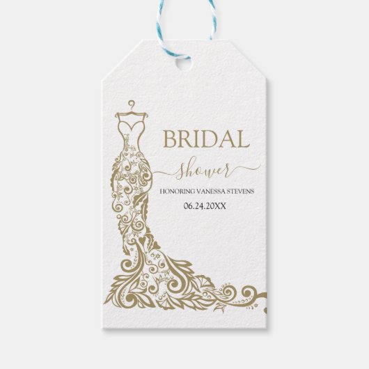 ホワイトエレガント&金ゴールド赤面ガウンブライダルシャワー ギフトタグ (正面)