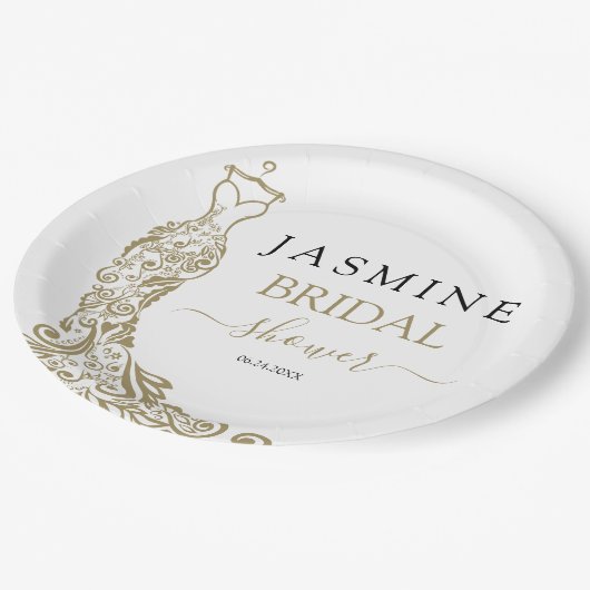 ホワイトエレガント&金ゴールド赤面ガウンブライダルシャワー ペーパープレート (アングル)