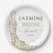 ホワイトエレガント&金ゴールド赤面ガウンブライダルシャワー ペーパープレート (正面)