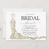 ホワイトエレガント&金ゴールド赤面ガウンブライダルシャワー 招待状 (正面)
