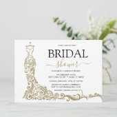 ホワイトエレガント&金ゴールド赤面ガウンブライダルシャワー 招待状 (スタンド正面)