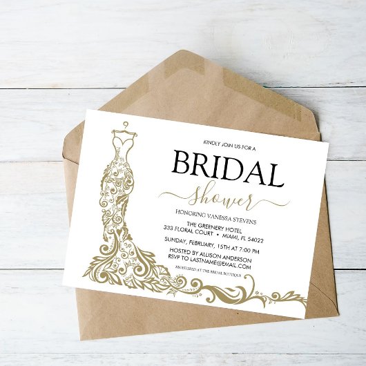 ホワイトエレガント&金ゴールド赤面ガウンブライダルシャワー 招待状