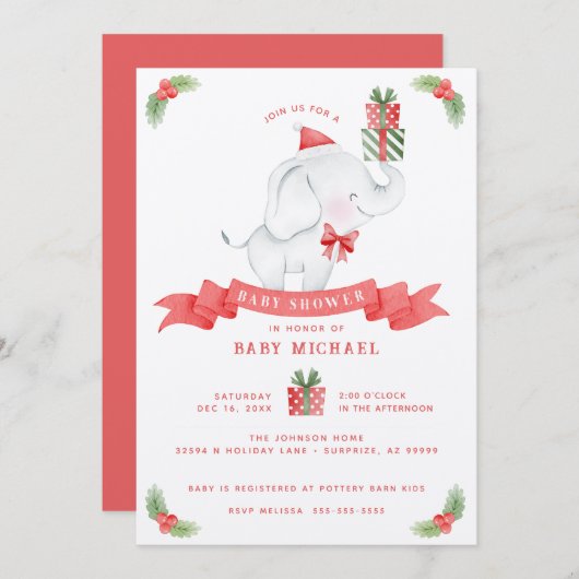 ホワイトエレファントクリスマスベビーシャワー 招待状 (正面/裏面)
