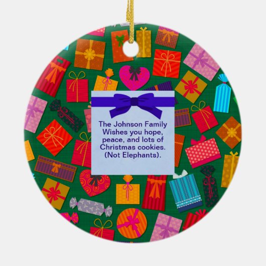 ホワイトエレファントクリスマス&プレゼントパターン セラミックオーナメント (裏面)